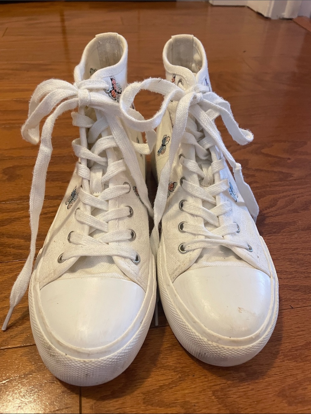 Canvas High-Top Sneakers in White with Butterfly Accents